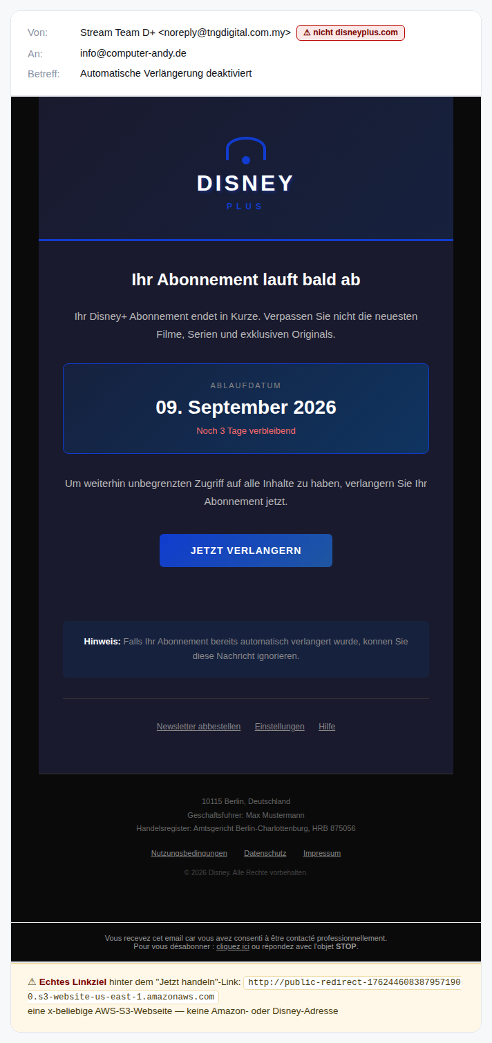 Gefälschte Disney+-Mail zur angeblich auslaufenden Abo-Verlängerung, Absender tngdigital.com.my, Linkziel eine fremde AWS-S3-Adresse
