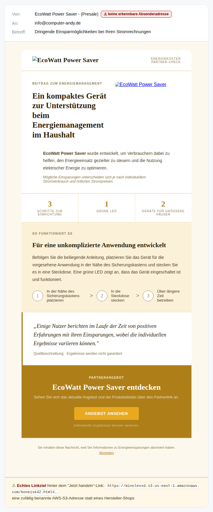Werbemail für ein angebliches Energiespar-Gerät namens EcoWatt Power Saver mit vagen Testimonials und Link zu einer AWS-Adresse