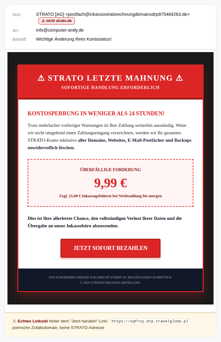 Gefälschte STRATO-Mahnung mit Drohung der Kontosperrung, Absenderdomain inkassostratorechnungdomainsdrp975484263.de