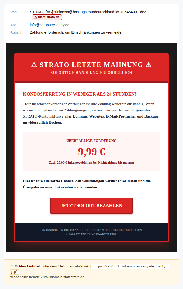 Zweite Variante derselben gefälschten STRATO-Mahnung mit anderer Absenderdomain und anderem Linkziel