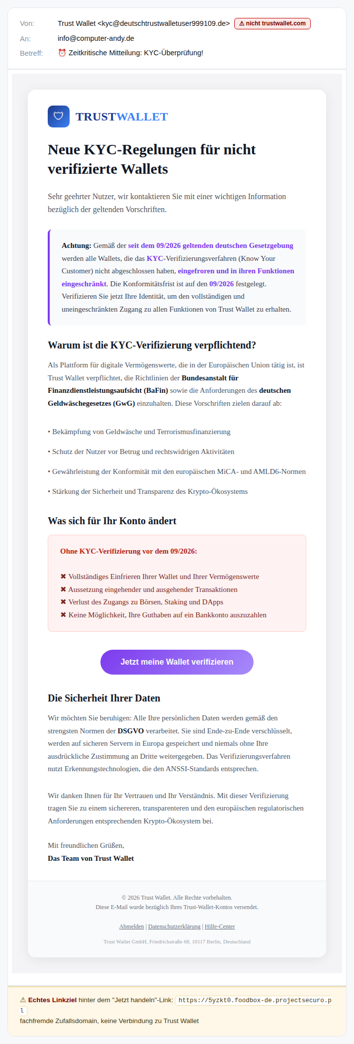 Gefälschte Trust-Wallet-Mail mit angeblicher KYC-Pflicht, Verweisen auf BaFin und GwG sowie Absenderdomain deutschtrustwalletuser999109.de